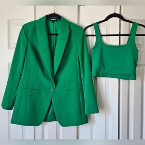 Express Boyfriend Blazer w/ Matching Body Contour Cropped Tank, Green, Size S